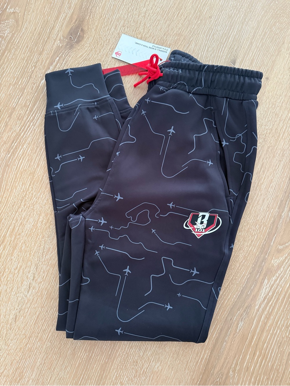 Men's Black Airplane-Print Joggers with Red Drawcord